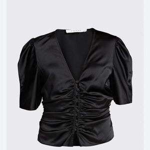 Frame Denim Black Satin V-Neck Ruched Button Top